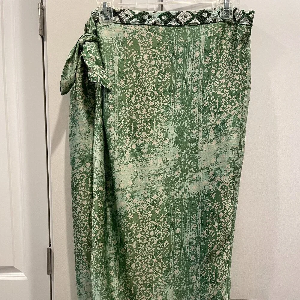 Zara Green Printed Wrap Style Midi Skirt with Beaded Waistband - SZ XL - Picture 2 of 7